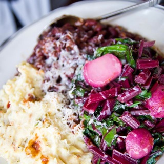 cream cheese mashed potatoes, barbeque kidney beans, kale and radish sautee
